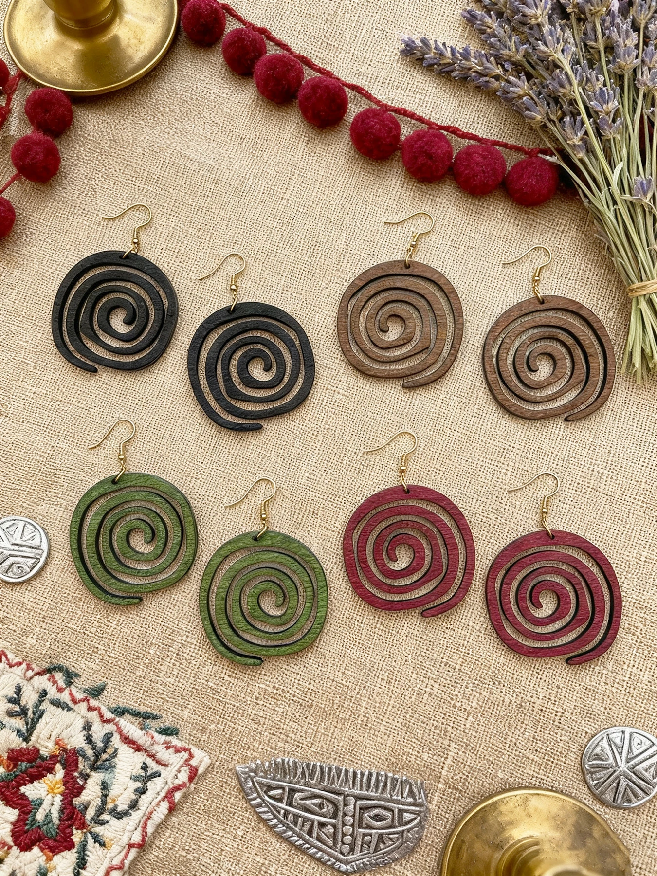 Ethnic Fashion Wear For Women - 4 Pairs/Set of Vintage-Style Wooden Geometric