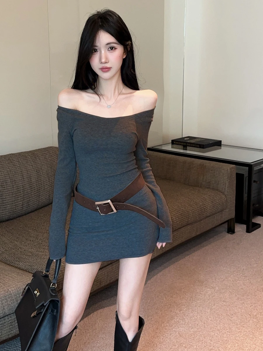 

Sexy Knitted Long Sve Furry One oulder Dr Bodycon Skirt Pure Color Waist a Spring Autumn Winter Women's Dr