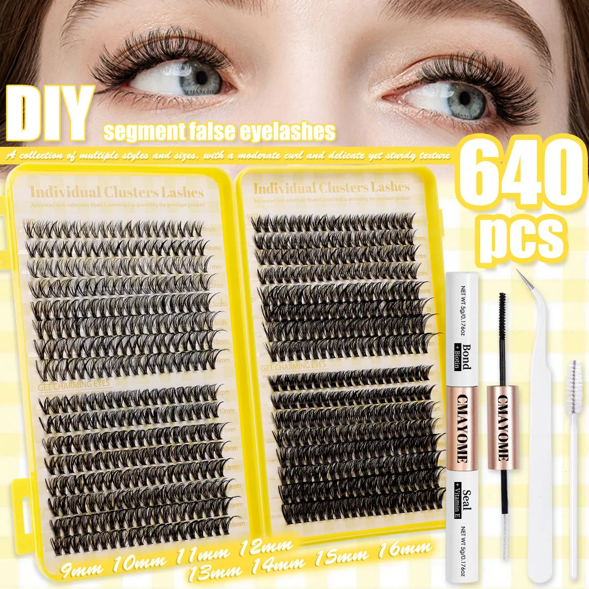 DIY False Eyelashes 32 Rows D-Curled Mixed 30p 40p 50p Options 640 Clusters with Glue Kit - Best-Selling Eyelash Book