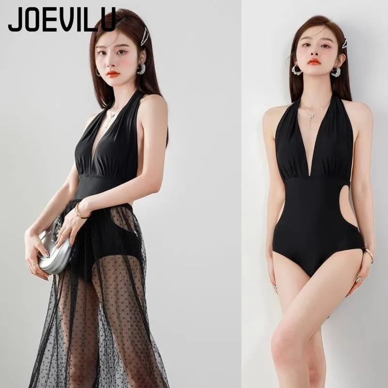 Traje de baño negro Sexy para mujer, traje de baño Sexy de pura luxúria para adultos, nuevo traje de baño de una pieza con cubierta ligeramente gorda, carne para personas mayores, sensación de playa