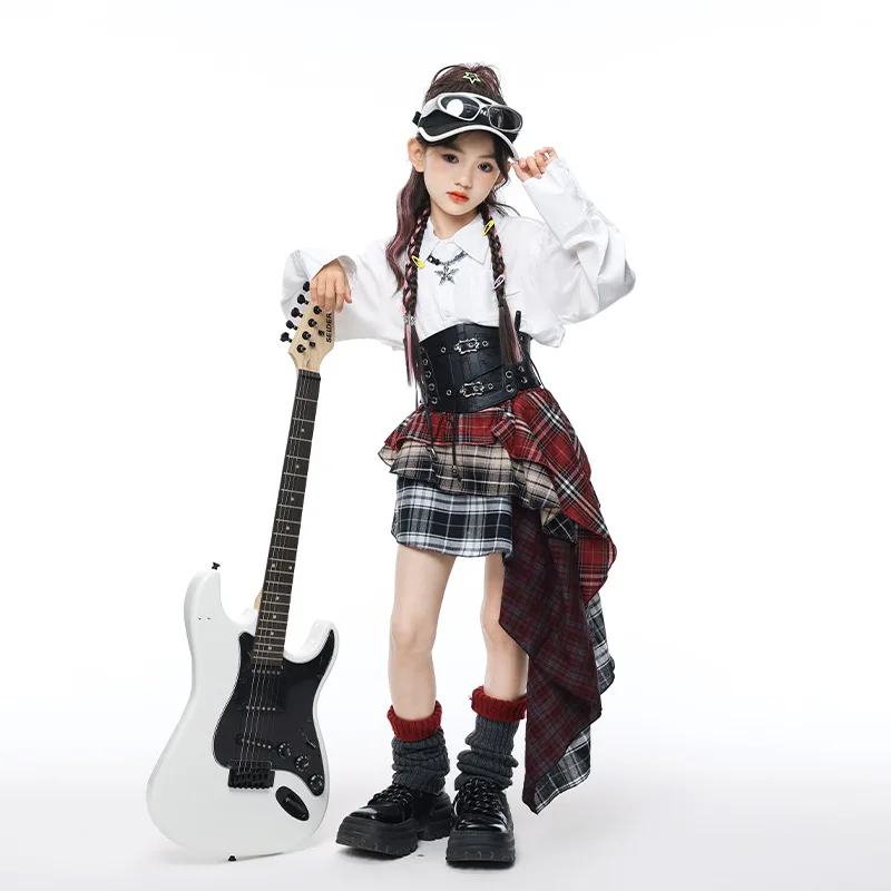 زي أداء رقص الجاز، بدلة علوية قصيرة للفتيات، تنورة منقوشة عصرية لموسيقى الجاز، ملابس عصرية للأطفال لرقص الشوارع