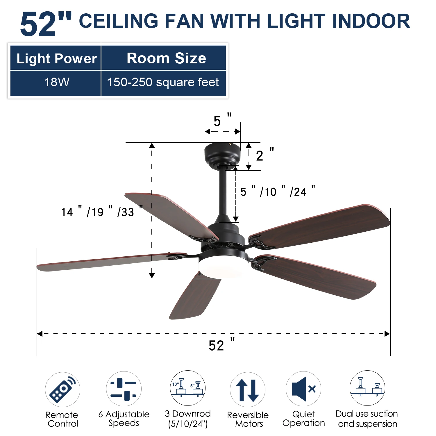 Sofucor 52-inch 5 Double Sides Blade Ceiling Fans With Light Remote Control  With 3-Modes LED