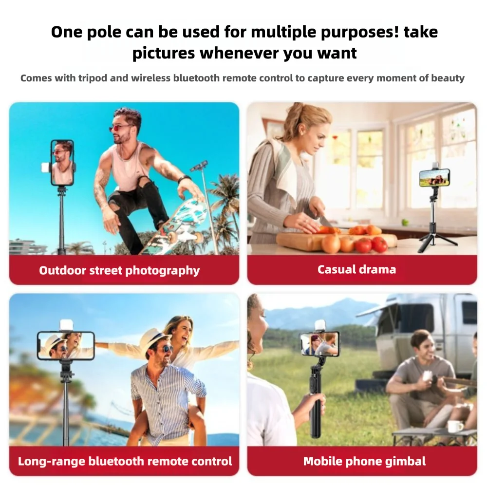 360 Degree Rotation Wireless Bluetooth Tripod Detachable Extendable Stabilizer with Bluetooth Remote Height Adjustable