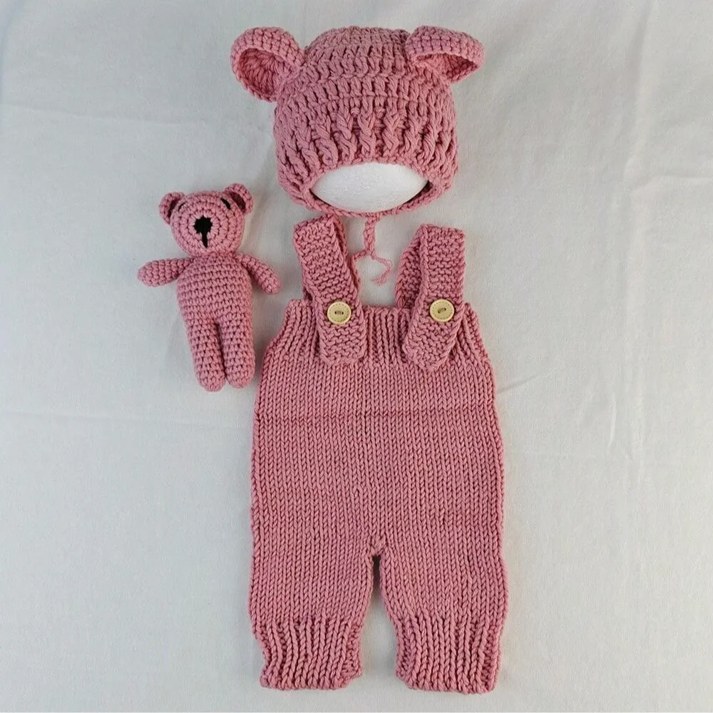 Newborn Photography Props 3pcs Set Cute Bear Costume Hand Knitted Romper Hat and Bear Doll Baby Photo Shoot Outfits image 4