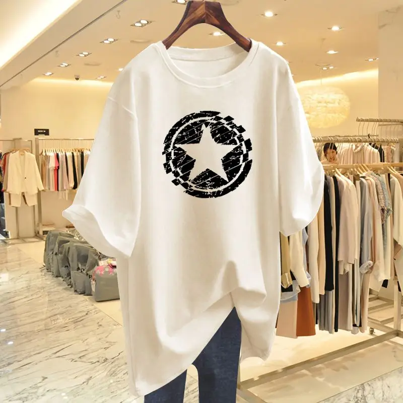 

Lady Casual Simple Top Tees Summer Chic Geometry Printed Pure Cotton M-6XL Pullover Women Crew Neck Short Sleeve Basics T-shirt