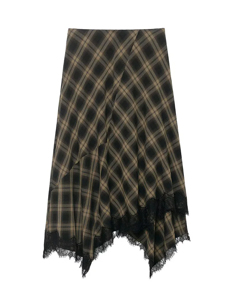HH Women's Fashion Versatile Limited Edition Plaid Lace Decorated Skirt Female High Waist Temperament Asymmetric Hem Skirt Mujer