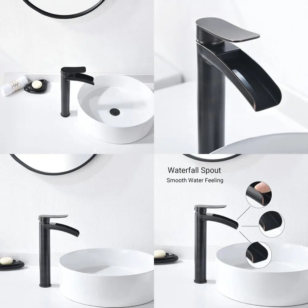 

Oil Rubbed Bronze Single Handle Waterfall Vessel Sink Faucet with Pop-Up Drain and Supply Lines