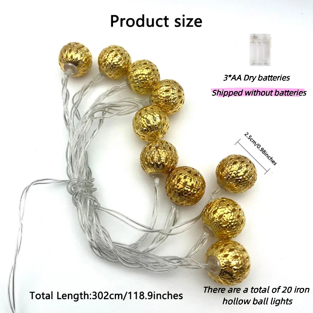 1 st Marokkaanse lichtslingers, 20 LED-bol gouden batterij-aangedreven metalen ballen kerst lichtslingers (niet inbegrepen batterij)