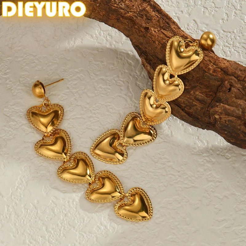 

DIEYURO 316L Stainless Steel Golden Heart Shape Tassel Drop Dangle Long Fashion Earrings Women New Trend Ear Studs Party Gift