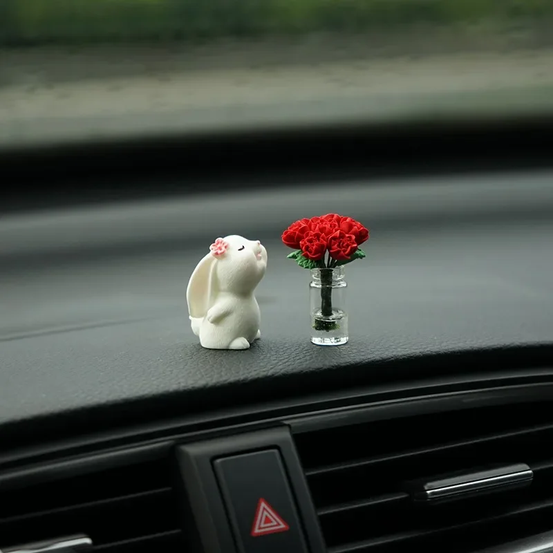 Coelho montado no carro com cheiro de fragrância floral ornamento de cura console romântico fantástico acessórios de decoração central automática
