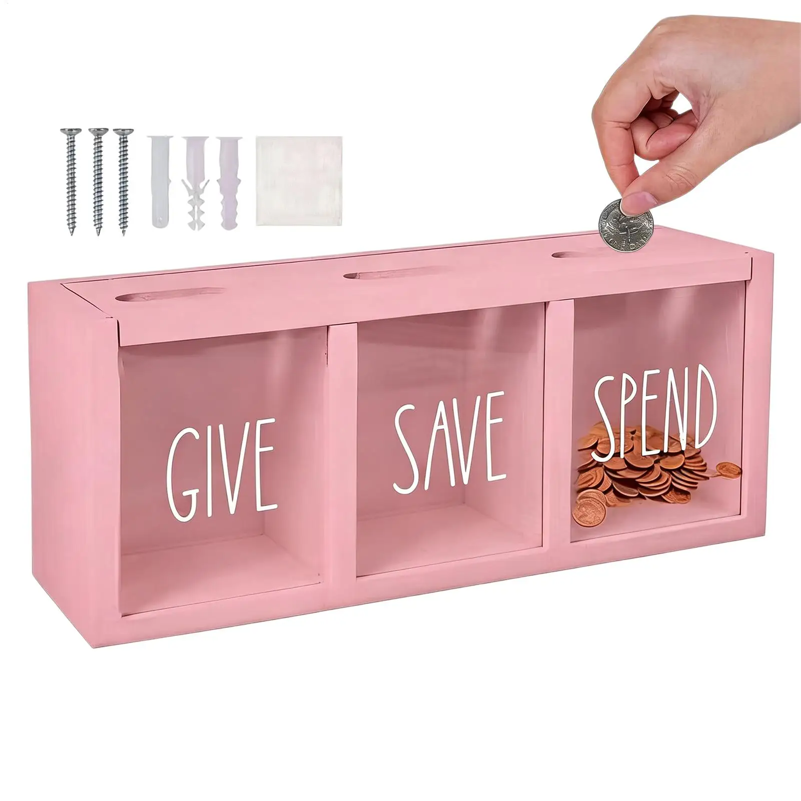 Save Money Box Wooden Wall Mount Clear Window Organizer Money Coin Savings Box for Boys Girls Students Pupils Young Children