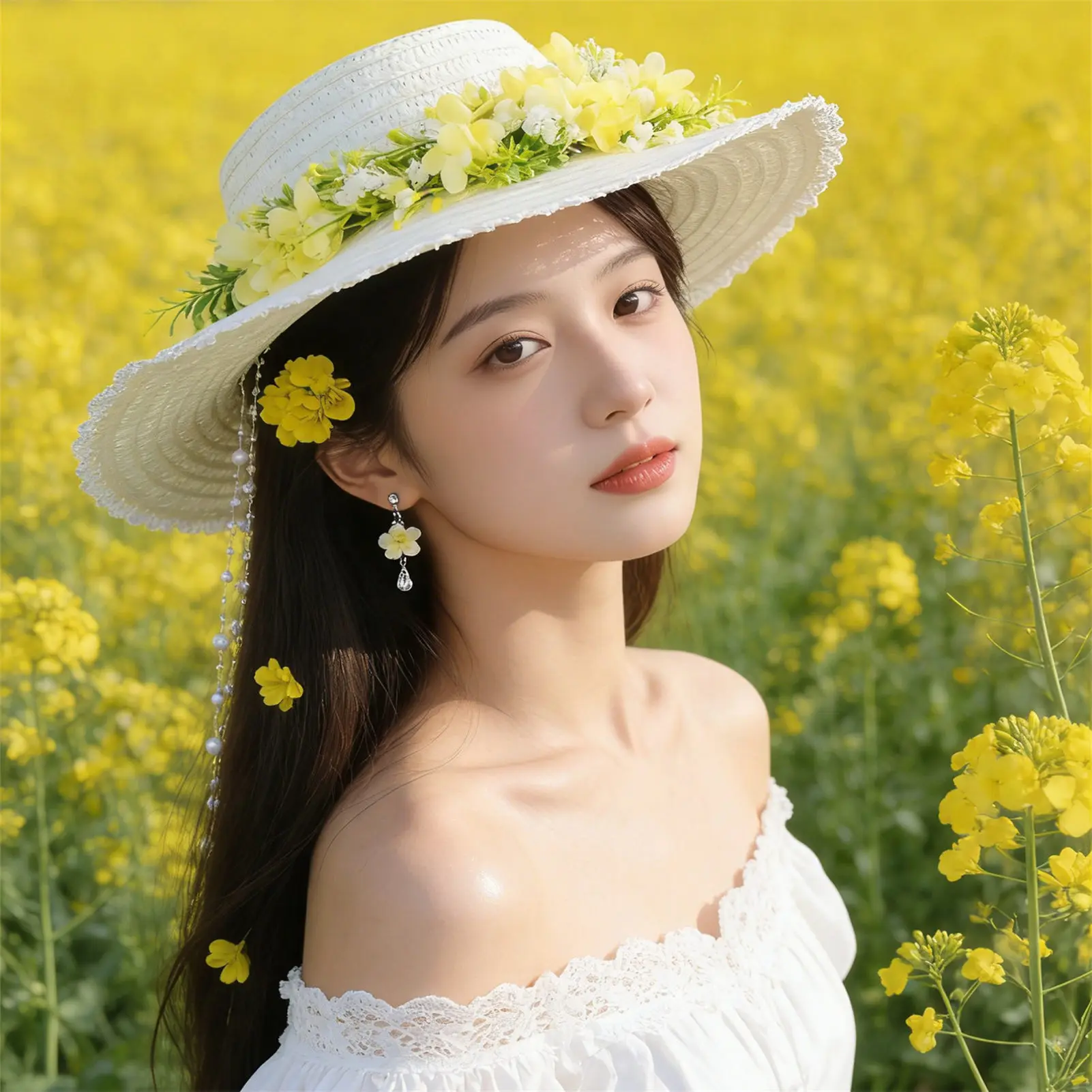 Damen-Strohhut mit Blumenmuster und breiter Krempe zum Sonnenschutz für Hochzeitsfotoshootings im Freien