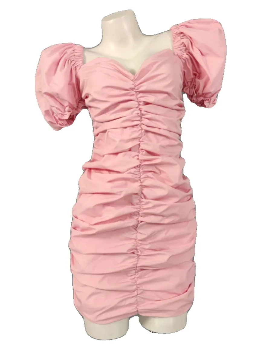 Summer 2024 Deep V-ne Pleated Bubble Sve Bodycon Dr French Sle Women's Faion ort Sve Wrap around Skirt