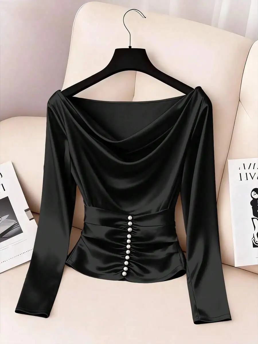 

Women's Black Satin Long Sleeve Shirt with Off-Shoulder Drape, Cinched Waist & Pearl Buttons