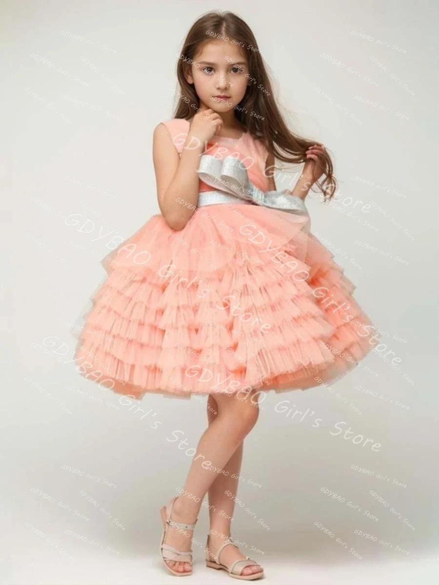 فستان حفلات للفتيات منفوش مع وشاح فيونكة متدرج توتو الأميرة فستان حفلات بطول الركبة للأطفال مخصص لحفلات الزفاف فستان فتاة الزهور