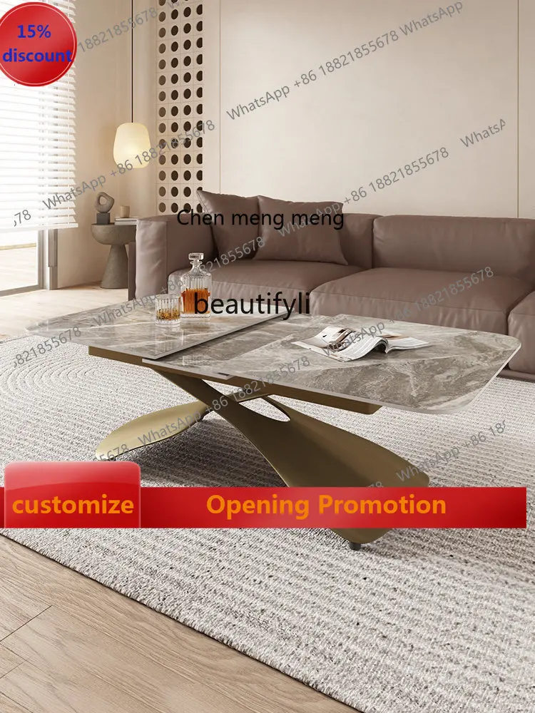 S7486 ss yj رفع طاولة القهوة ثنائي الغرض متعدد الوظائف الحديثة ضوء لوحة حجرية فاخرة قابل للسحب طاولة القهوة المتكاملة #1