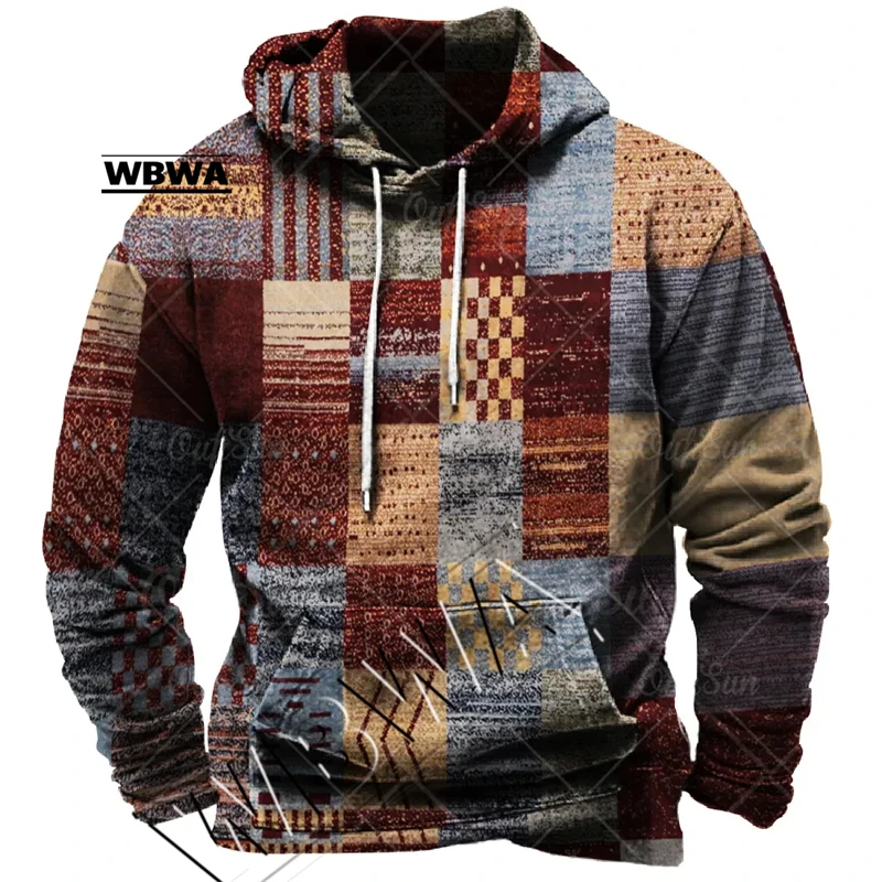Vintage Men\'s Hoodie For Sweatshirt 3d Plaid Print Long Sleeve Pullover Street Man Clothing Men\'s Oversized Hooded Sweater 2023