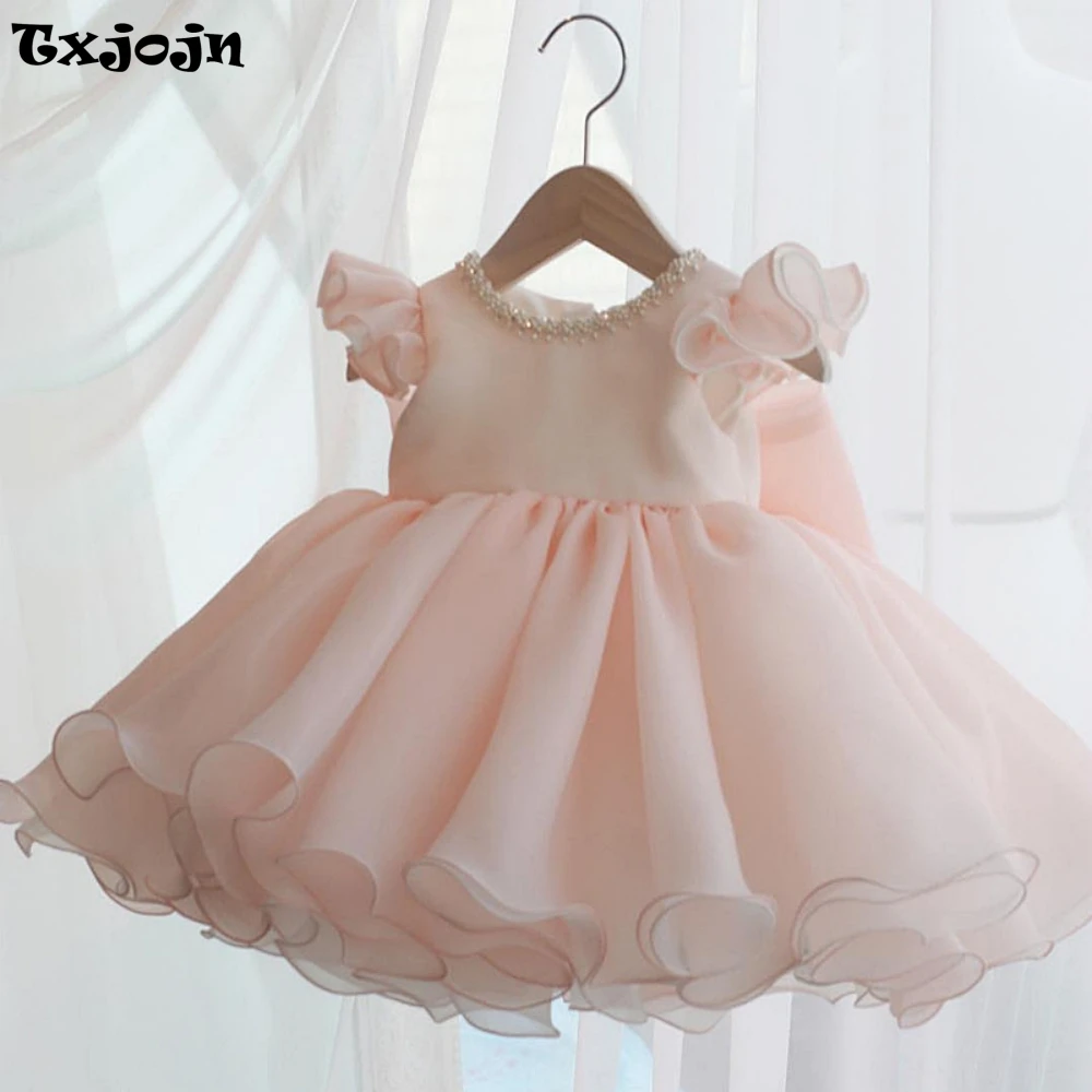 Pink Puffy Tulle Bow Princess Gown For Kids Birthday Party Shiny Pearls Mini Wedding Flower Girls Dresses Prom Wear Customized