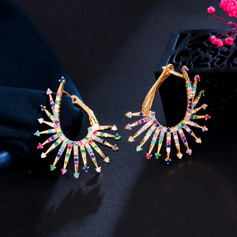 CWWZircons Unique Blossom Firework Colorful Cubic Zirconia Big Hoop Earrings for Women Fashion Gold Plated Punk Jewelry CZ225