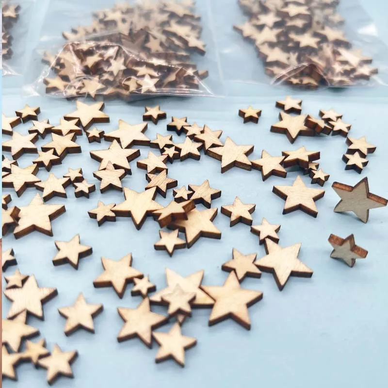 100-300Pcs Wooden Stars Slices Mixed Size Wooden Star Blank Wooden Crafts Pieces Christmas Wedding DIY Scrapbook Party Crafts