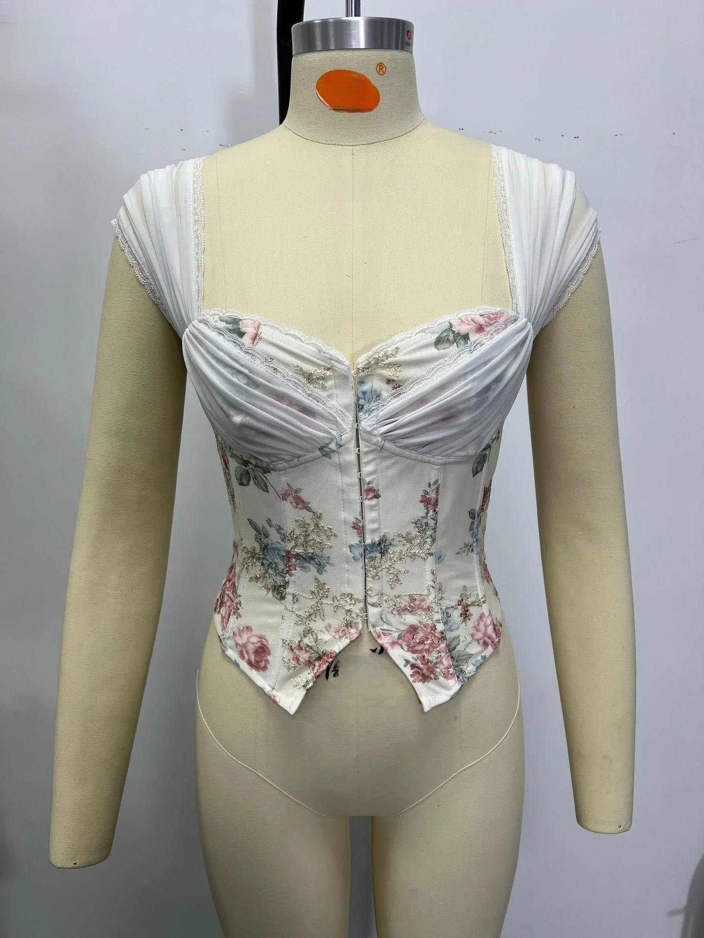

Sexy White Floral Print Mesh Corset Top Women Off Shoulder Front Breasted Slim Fishbone Bustier Summer Club Party Camis