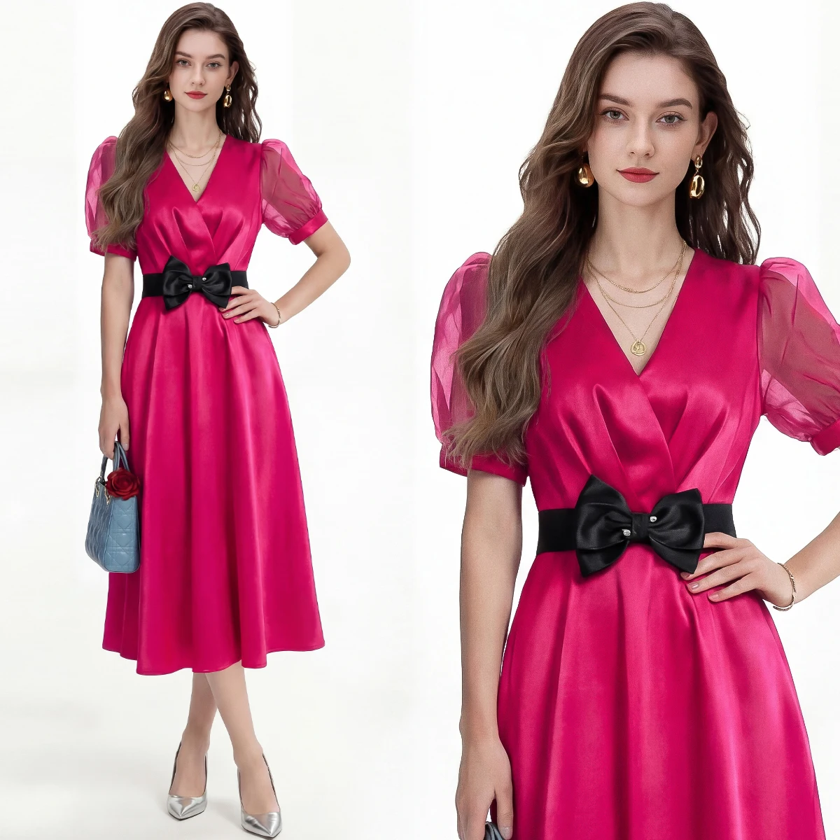

Elegant V-neck Satin Dress Slimming A-line Midi Dress Bubble Sleeve High Waist Polka Dot Women's Fashion Spring 2026