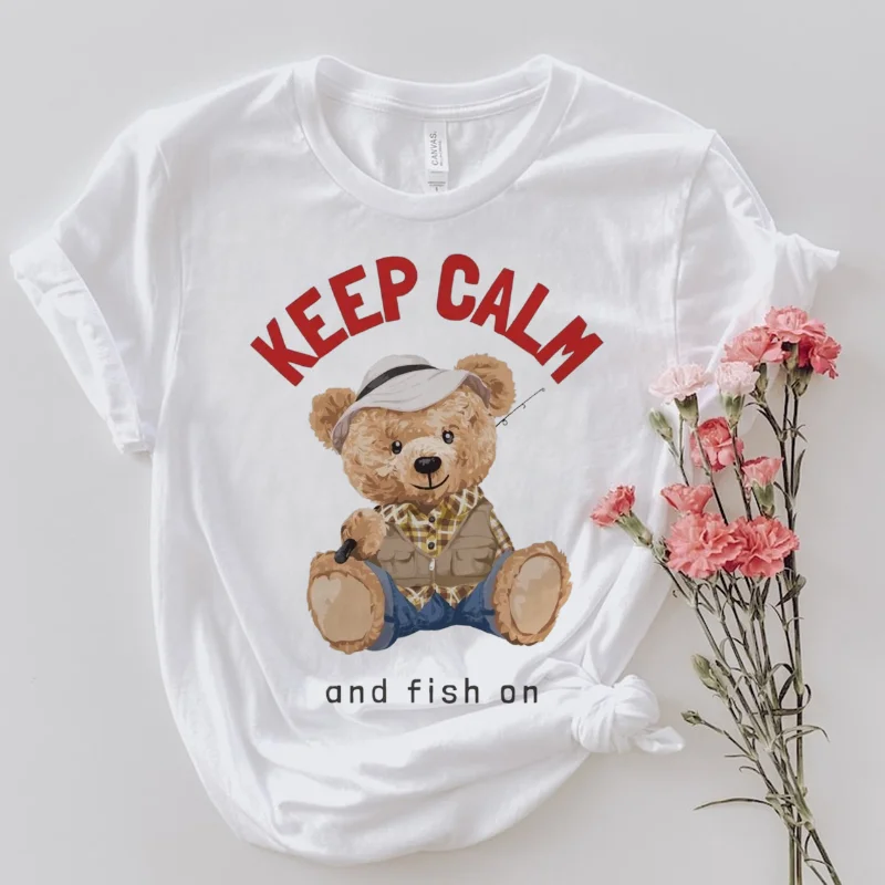 

Short Sleeved T-Shirt Printed Round Neck Funny Bear Pattern Printed Fashionable Top Versatile Basic Cute Summer White T-Shirt