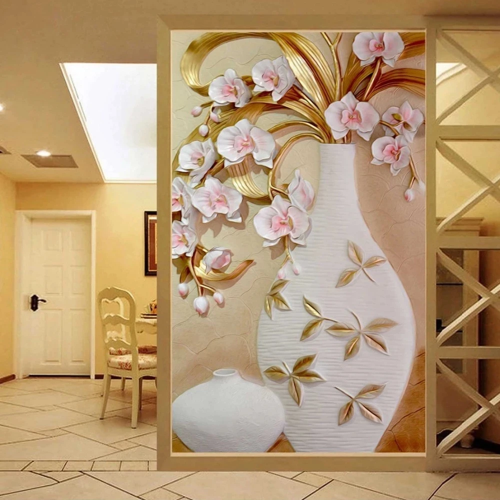 Customized Mural 3D Embossed Flower Vase Entrance Corridor Photo Modern Designs Home Decor Self Adhesive Wallpaper Living Room