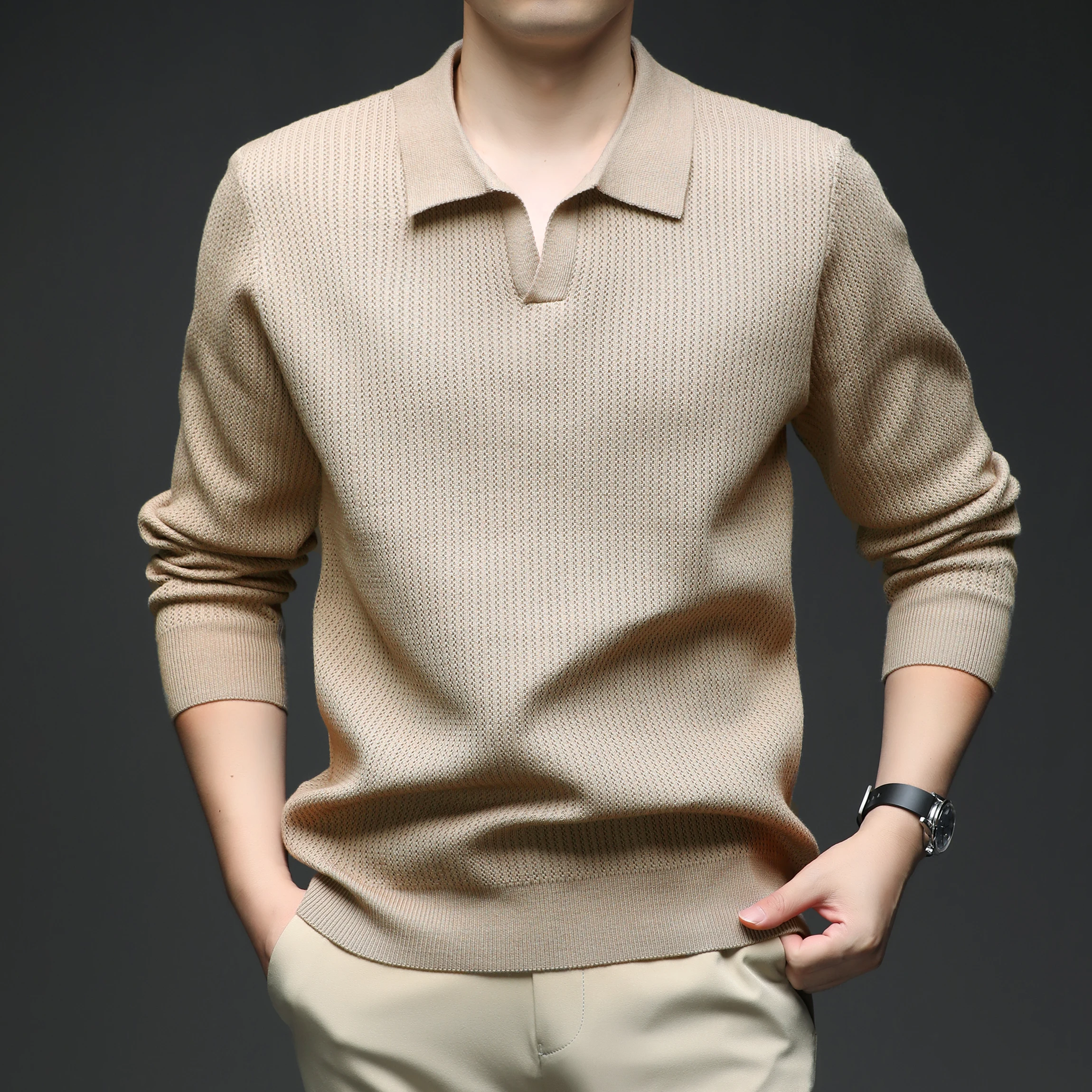 

Thiened вязаный свитер для мужчин, повседневный деловой свитер, однотонный, теплый базовый, с разрезом, воротником-стойкой, осень-зима, папа C...