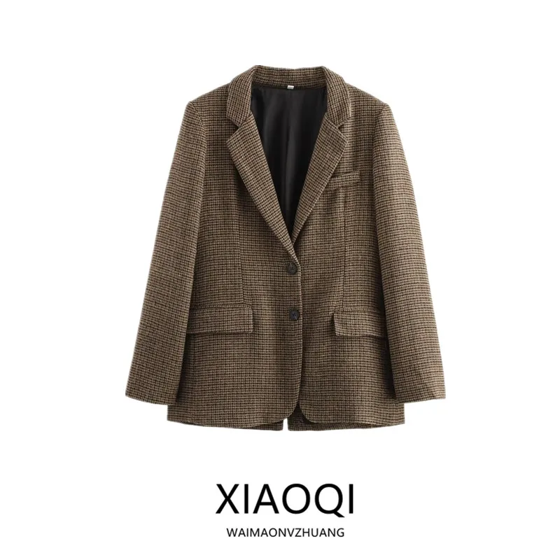 Autumn Winter Plaid Mixed Fabric Women's Suit Jaet Versatile Design New Arrival Faionable Commute Sle Long Sve
