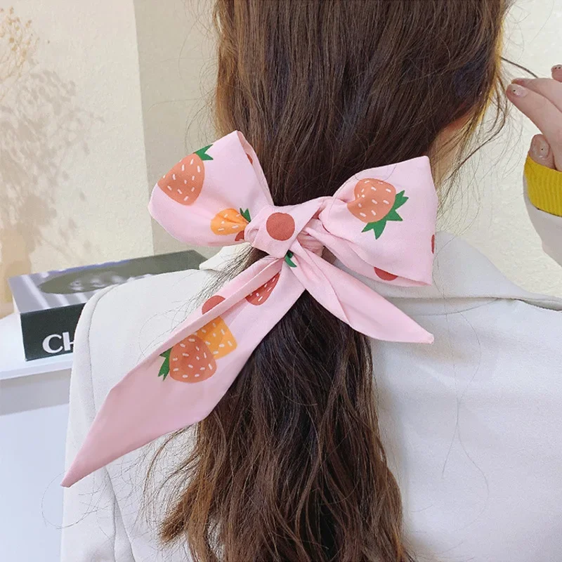 Fashion Printing Chiffon Check Grace Long Ribbon  Bow Lady Headdress Scrunchie Ponytail Holder Tie Women Silk Scarves Hair Band