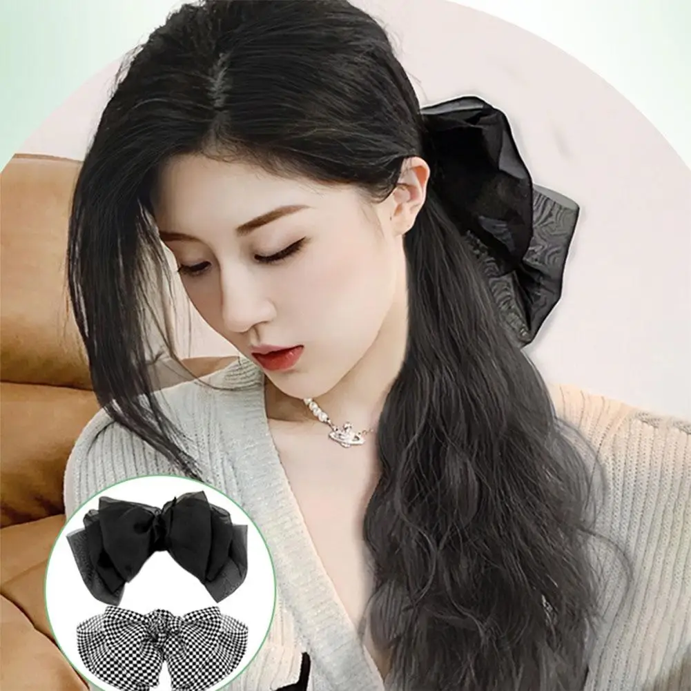 Bow Wig Women\'s Medium Length Hair Detachable Bow High Ponytail Water Ripple Low Tie Wig Braid