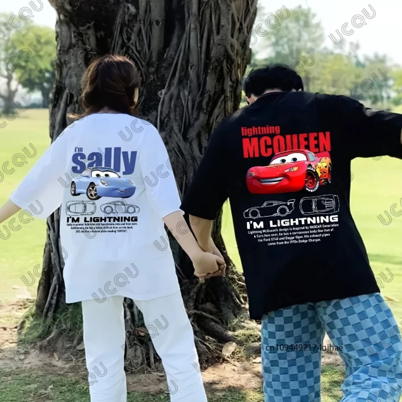 Lightning Mcqueen und Sally Print Paare T-Shirt für Damen Herren Sally und Mcqueen Sommer Baumwolle Kurzarm T-Shirts Casual Tops