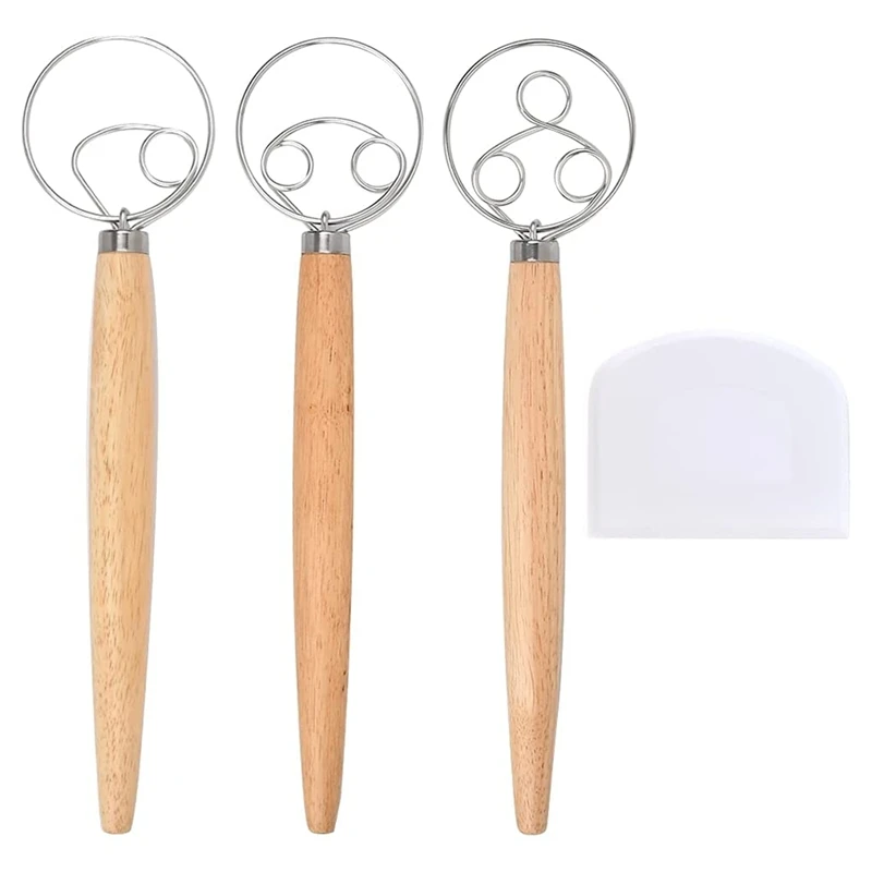 3 Pack Danish Dough Whisk Bread Mixer,Dutch Whisk With Dough Scraper For Bread,Pastry Or Pizza Dough,Sourdough Bread,Etc