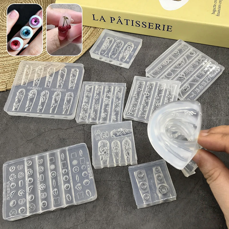 Molde de Silicone 3D para Unhas: Estênceis de Estampagem de Flores de Gelo, Pão, Água-Viva e Olho, Ferramenta de Escultura para Arte em Gel UV e Desig