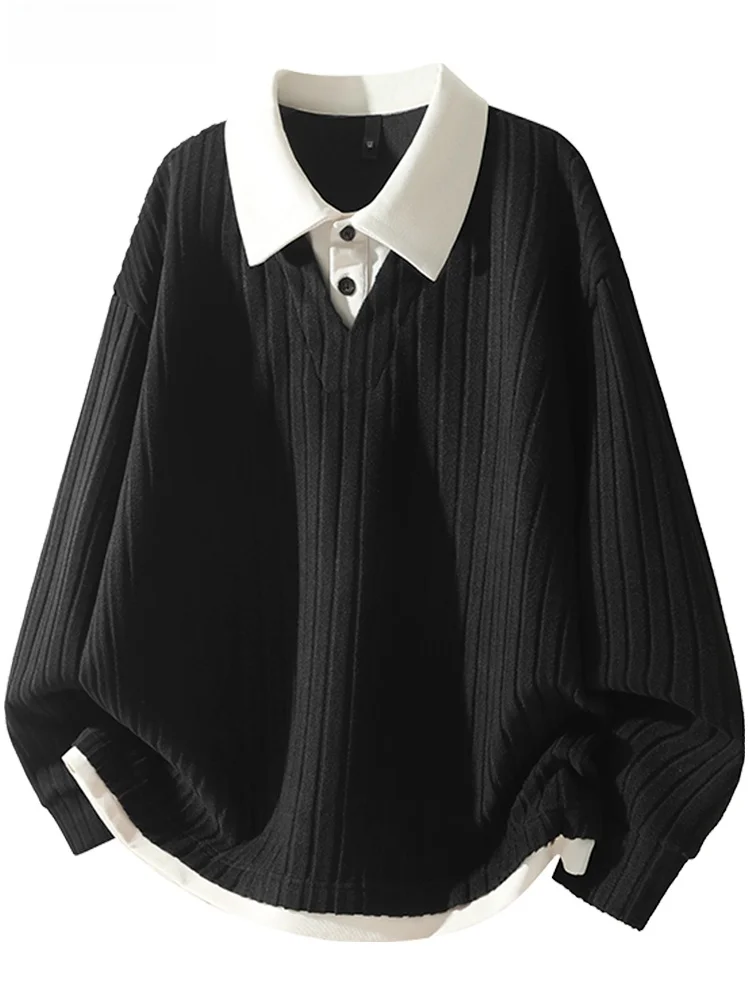 Camiseta  de Manga Longa com Corte Solto para Homens, Tamanho Grande, Bordada e Listrada, Confortável e Casual em Poliéster