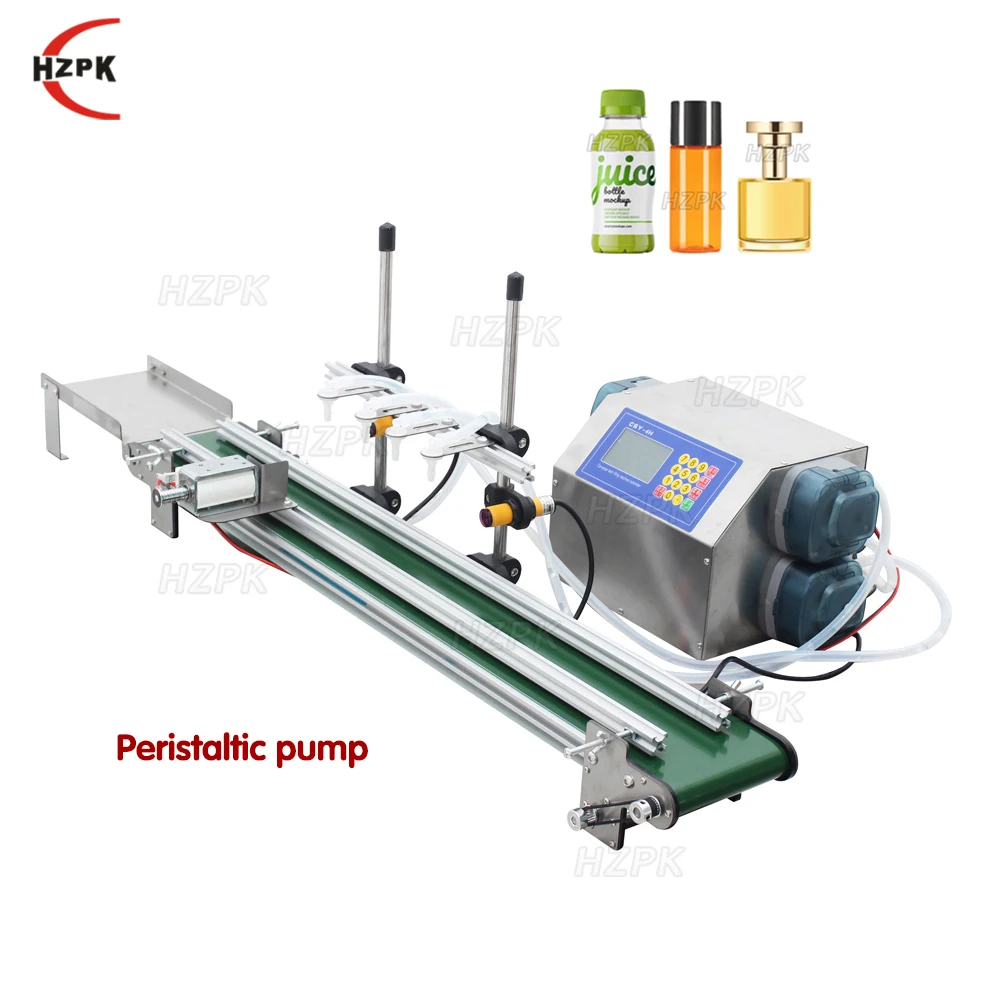 HZPK Small Automatic 4 Head Liquid Plastic Pump Filling Machine  Conveyor for 200 ml Bottles