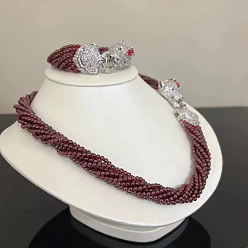 12 Rows Natural Smooth Round Red Garnet Beads Necklace And Bracelet Gunmetal Color Plated Purple CZ Pave Clasp Set