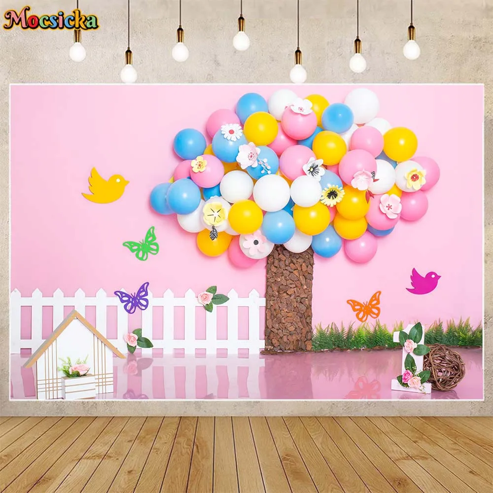 

Mocsicka Girls 1st Birthday Backdrop for Photography Pink Wall Balloon Tree Bird Flower Cake Smash Photo Background Studio Props