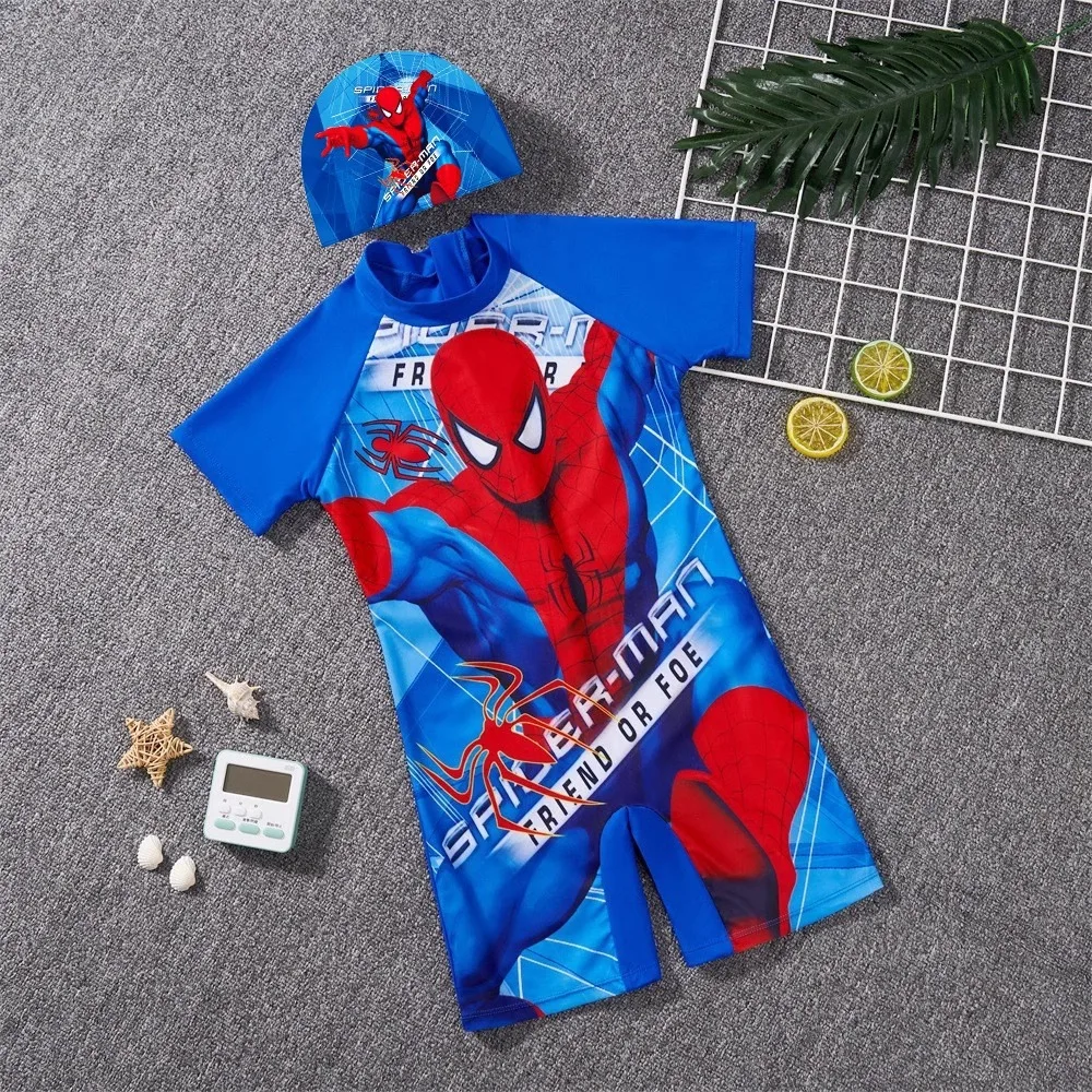 طقم ملابس سباحة وقبعة سباحة بطباعة كرتونية لطفل وفتاة ، ملابس بحر للأطفال ، توب بيجامة ، الرجل الحديدي ، الرجل العنكبوت ، مجمدة ، إلسا ، ملابس ، 2 *