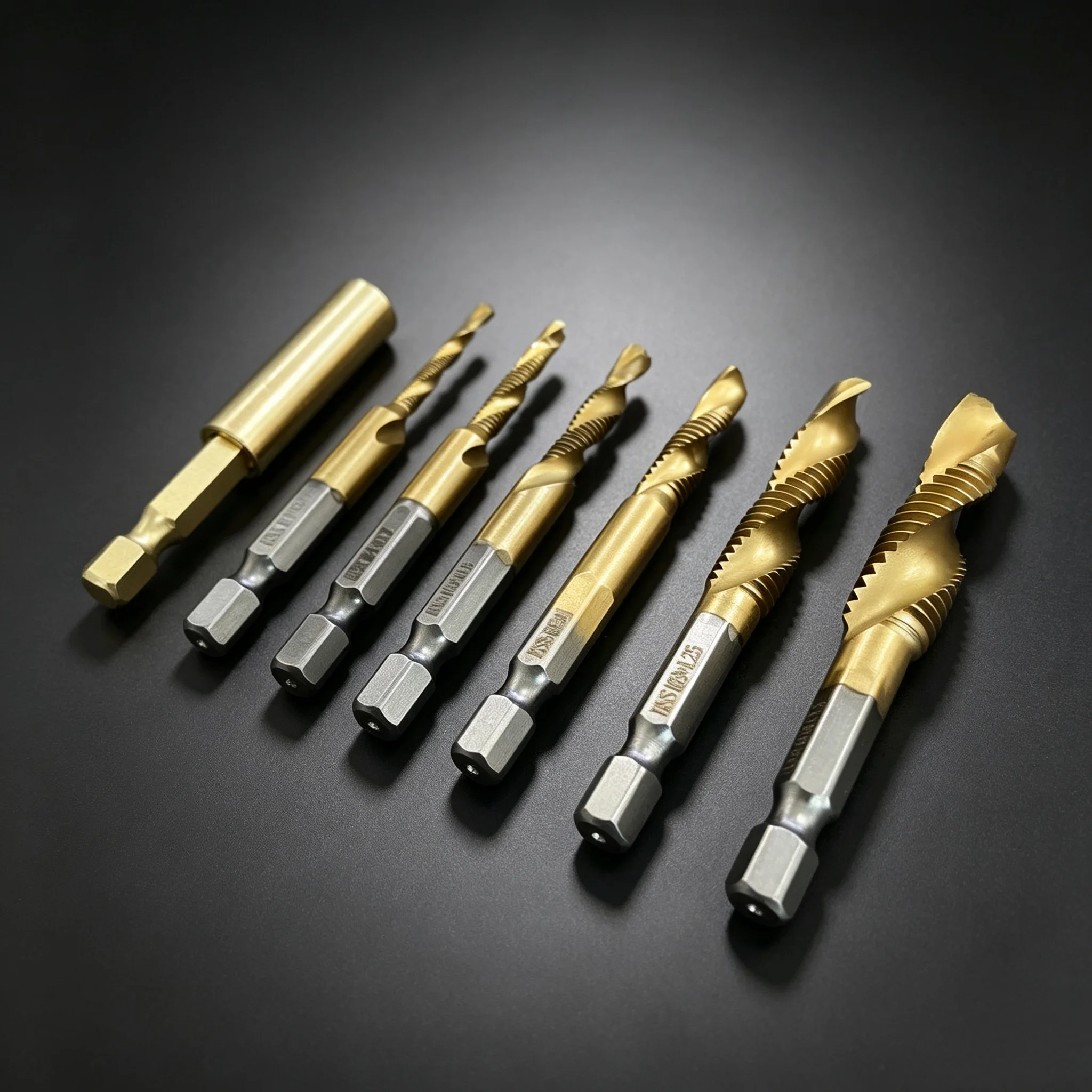 6PCS HSS Titanium Coated Combination Drill Tap Bits Set, Hex Shank Thread Tapping Drill Bits with Extension Holder for Metal Woo