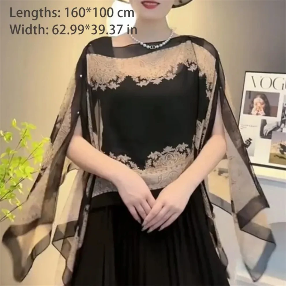 

Women Shawl Loose Chiffon Shawl Beaded Pearl Buckle Sunscreen Thin Section Printing Large Shawl Shawl Dual-use