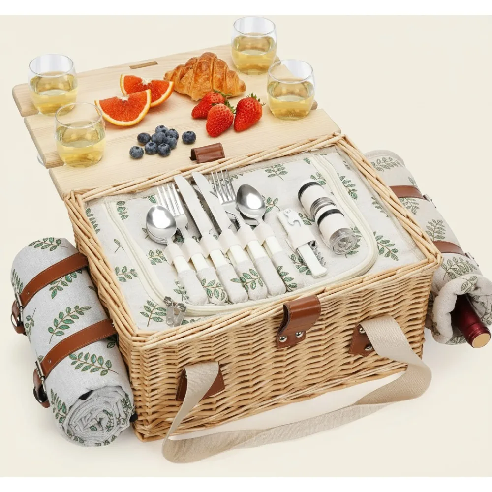 

4-Person Handmade Wicker Picnic Set with Folding Table & Waterproof Blanket, Insulated Basket for Outdoor Camping Holidays