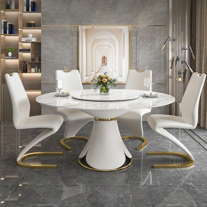 

Modern Dining Room Furniture Metal Legs Marble Top Dining Tables Designs Luxury Round Expandable Dining Table Set 6 Chairs