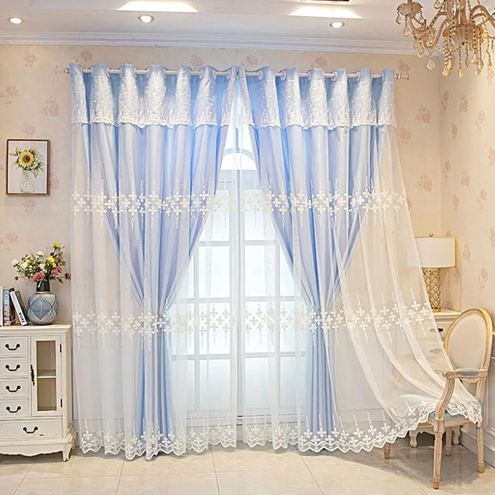 

1 Panel 140cm Width Double Layer Curtain with Valance for Living Room Flower Shaped Embroidered Curtain for Bedroom