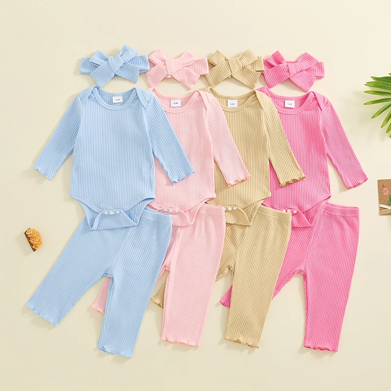 

Tregren 0-18M Newborn Baby Girls 3pcs Clothes Sets Solid Color Ribbed Long Sleeve Romper + Pants + Headband Infant Outfits