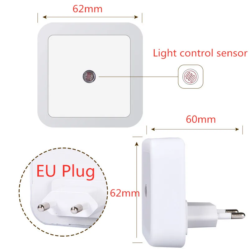 Mini LED Night Light EU/US/UK Plug Light Sensor Square Shape Nights Lamp For Kid\'s Room Bedroom Bedside Aisle Corridor 110V 240V