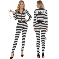 Women Classic Striped Prisoner Costume Adult Jail Inmate Jumpsuit Cosplay Halloween Costumes