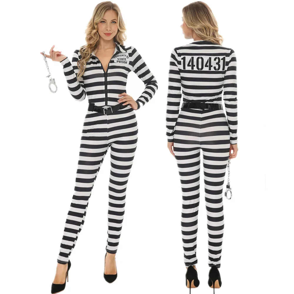 Women Classic Striped Prisoner Costume Adult Jail Inmate Jumpsuit Cosplay Halloween Costumes