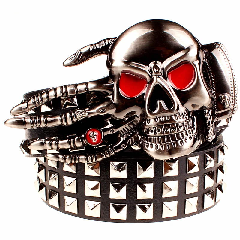 Full Metal Rivets Belt Hip-hop Skull Head Ghost Hand Bone Skeleton Claw Alloy Buckle Fashion Decorative Waistband